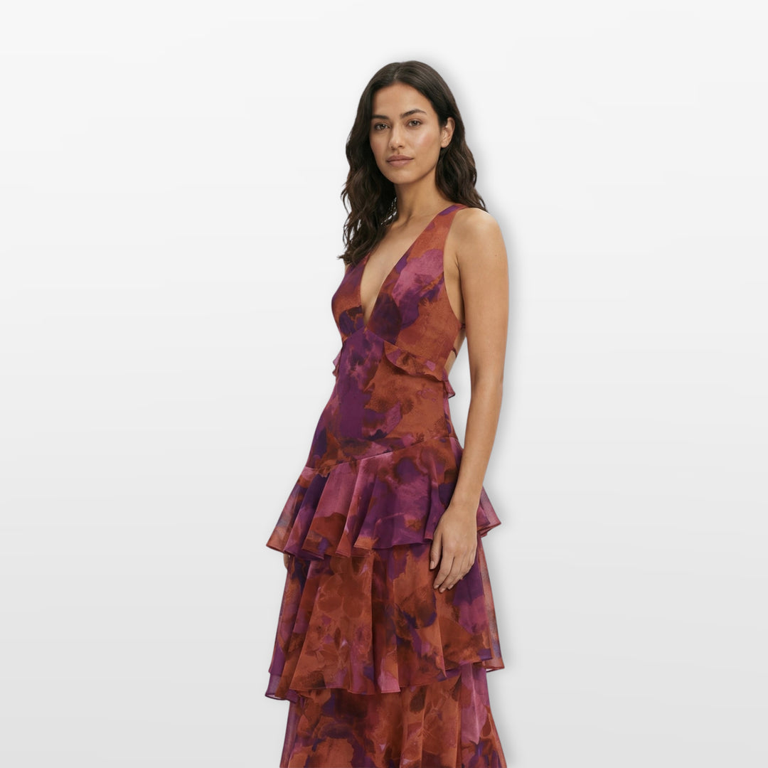 Robe Longue Fleurie Dos Nu Volants Femme