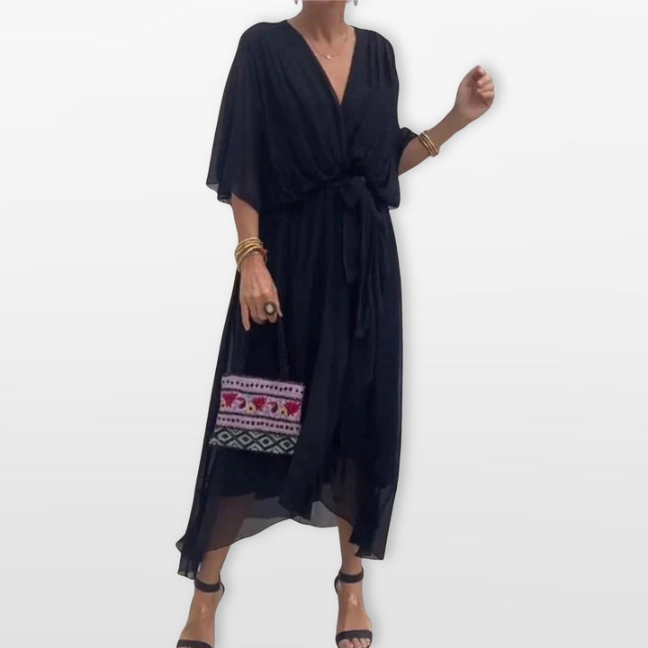 Robe Midi Col V Fluide Élégante Femme