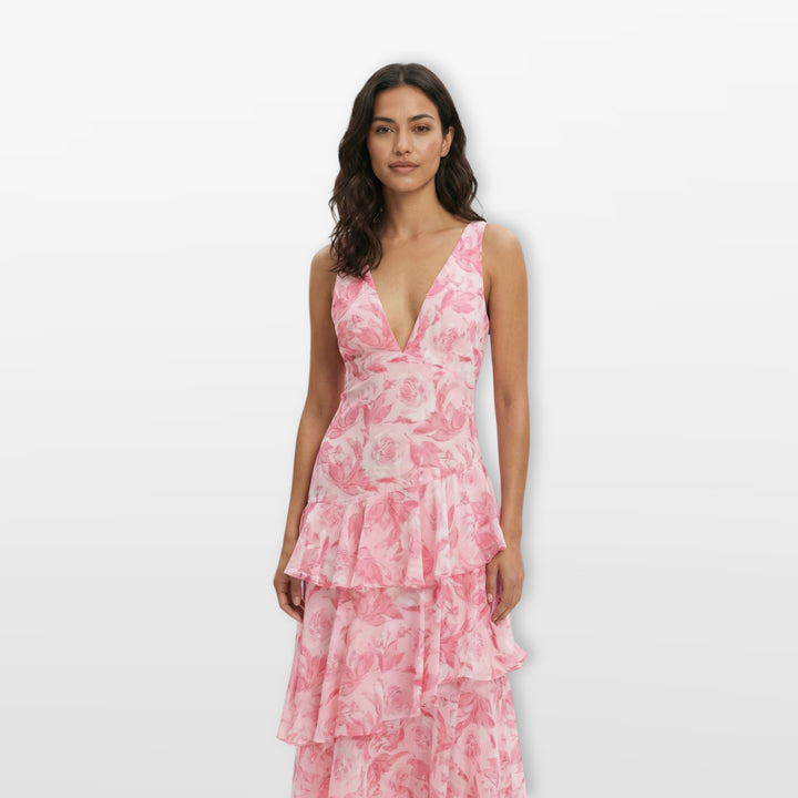 Robe Longue Fleurie Dos Nu Volants Femme