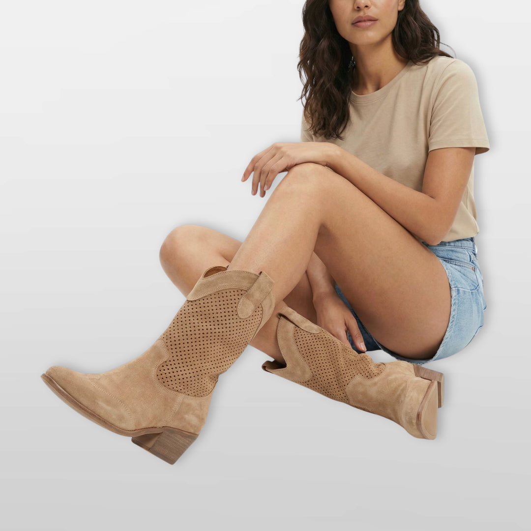 Bottes Cowboy Perforées Suédées Confort Femme