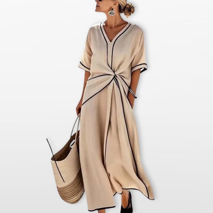 Robe Femme Midi Col V Taille Nouée Élégante