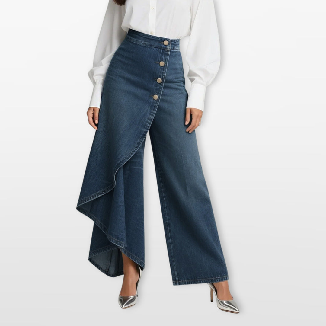 Pantalon Jean Large Taille Haute Asymétrique Femme