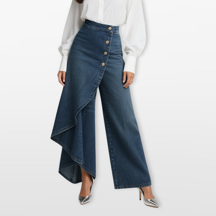 Pantalon Jean Large Taille Haute Asymétrique Femme