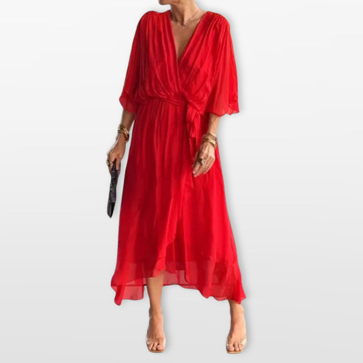 Robe Midi Col V Fluide Élégante Femme