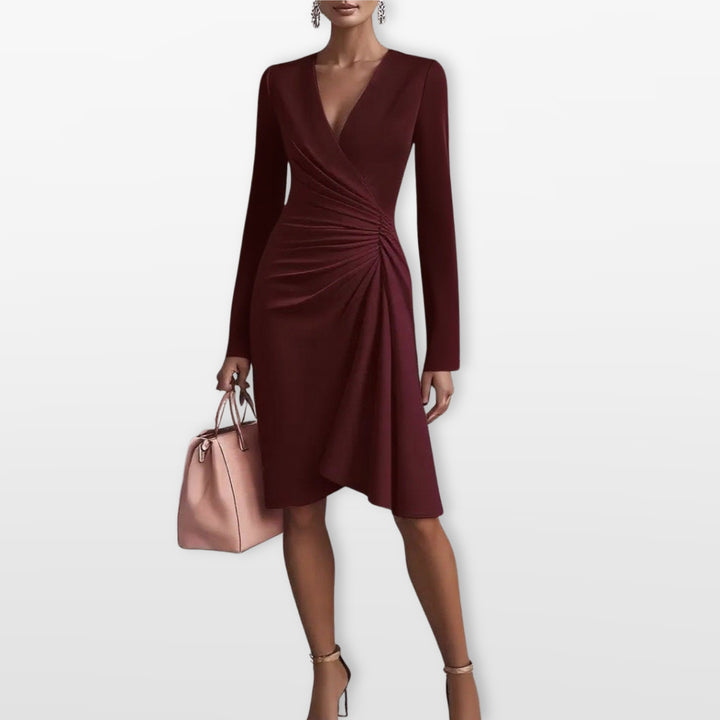 Robe Midi Col V Drapée Femme Élégante