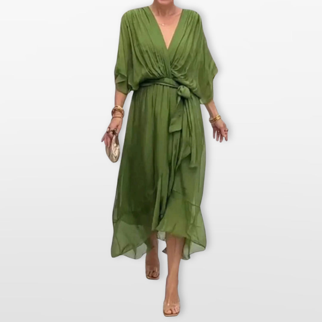 Robe Midi Col V Fluide Élégante Femme