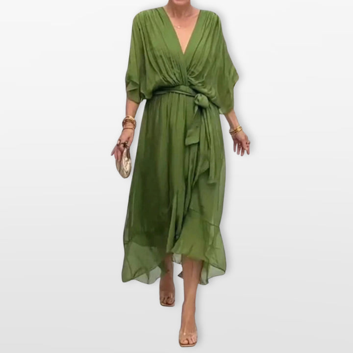 Robe Midi Col V Fluide Élégante Femme
