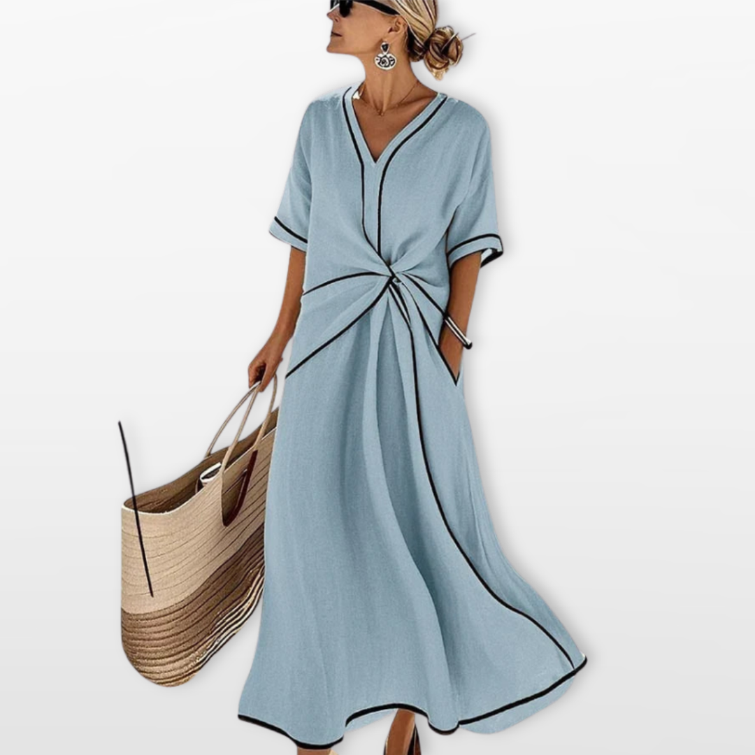 Robe Femme Midi Col V Taille Nouée Élégante