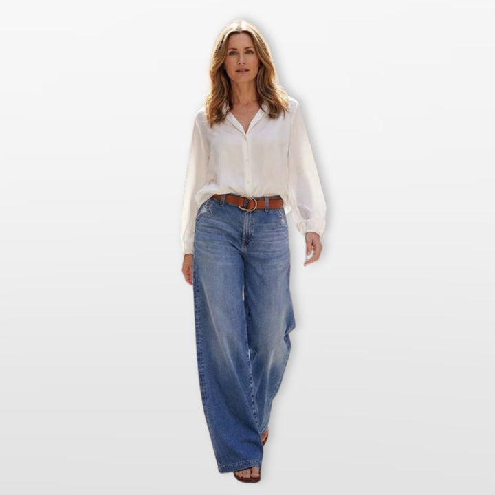 Jean Taille Haute Large Délavé Femme