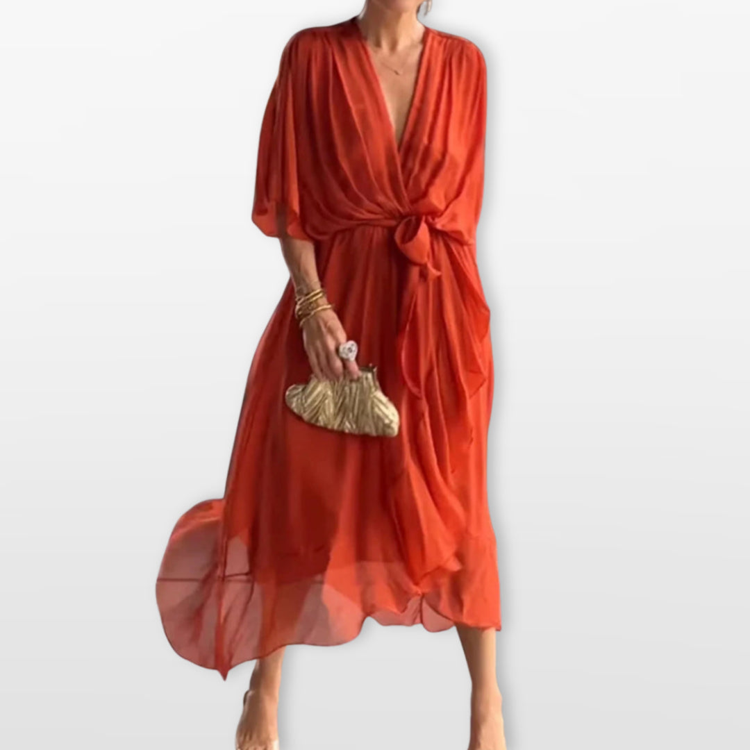 Robe Midi Col V Fluide Élégante Femme