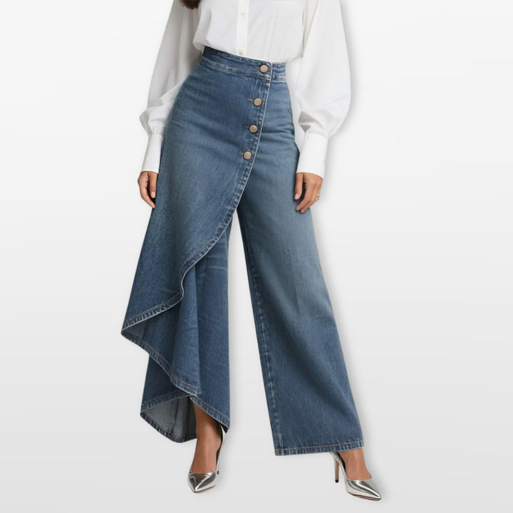 Pantalon Jean Large Taille Haute Asymétrique Femme