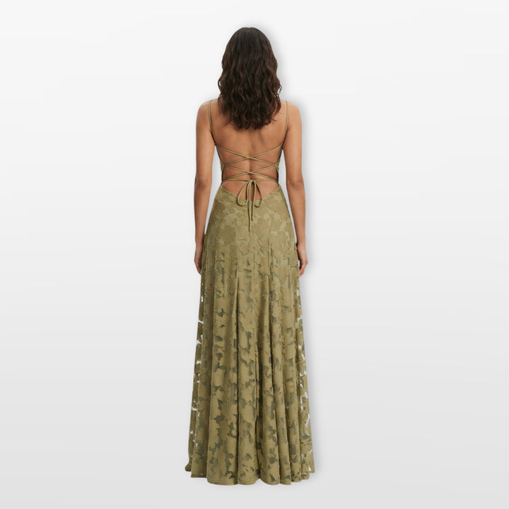 Robe Longue Dos Nu Dentelle Coupe Évasée Femme