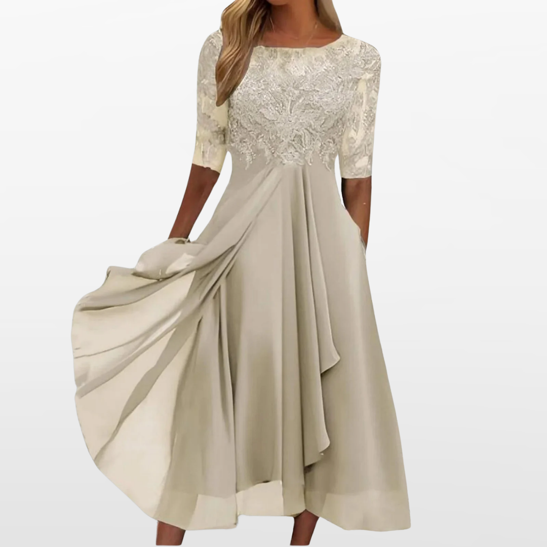 Robe Midi Femme à Manches en Dentelle