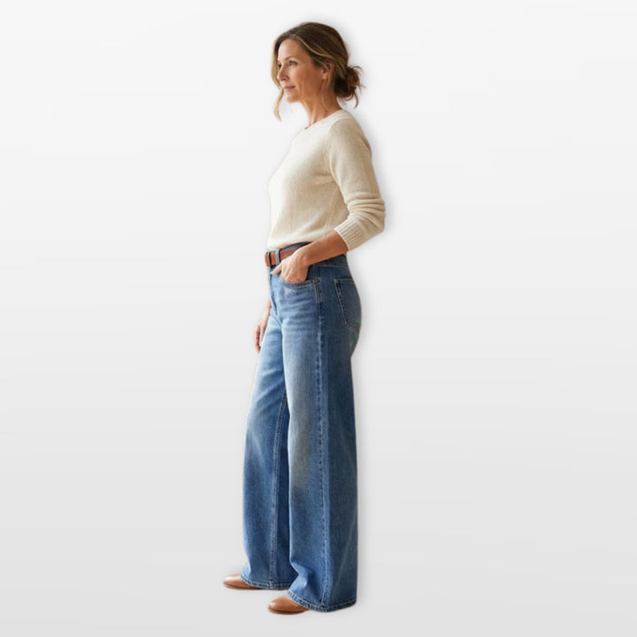 Jean Taille Haute Large Délavé Femme