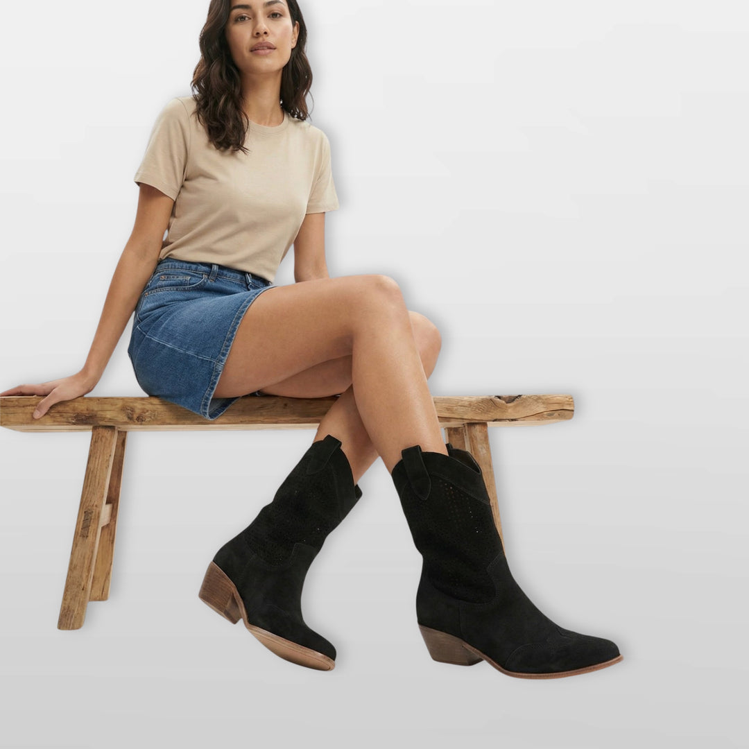 Bottes Cowboy Perforées Suédées Confort Femme