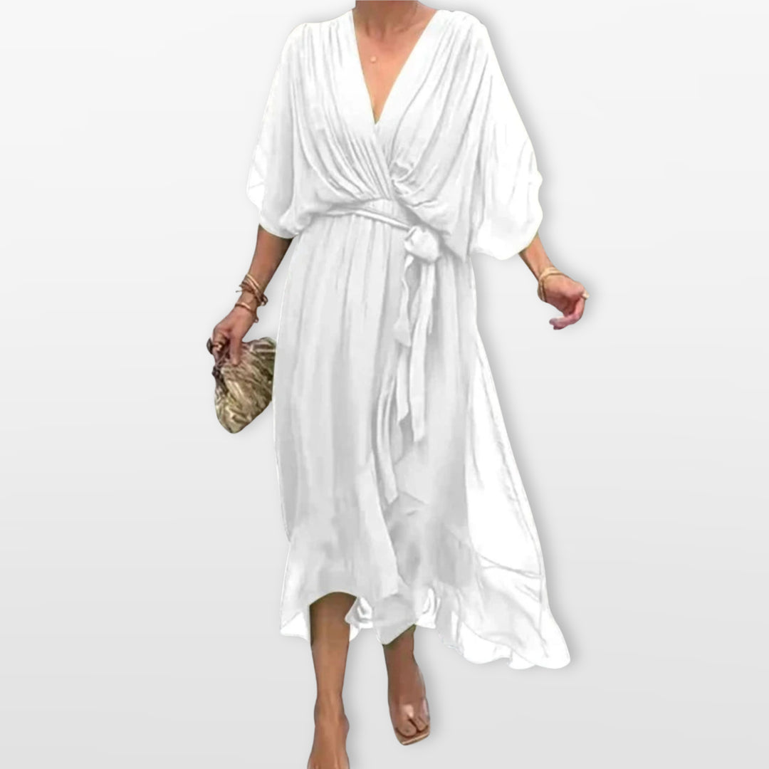 Robe Midi Col V Fluide Élégante Femme