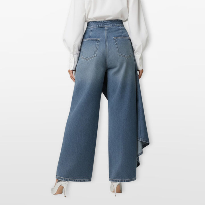 Pantalon Jean Large Taille Haute Asymétrique Femme