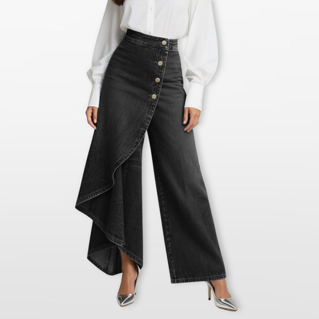 Pantalon Jean Large Taille Haute Asymétrique Femme
