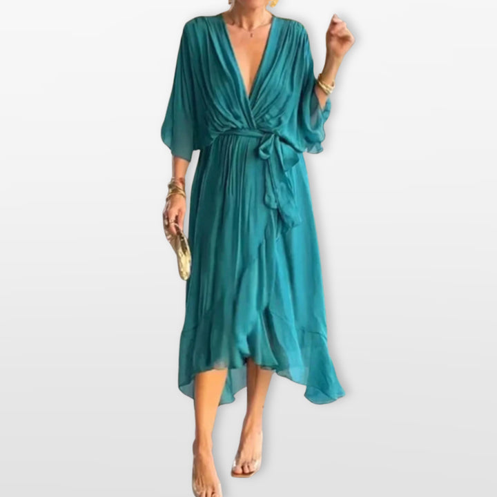 Robe Midi Col V Fluide Élégante Femme