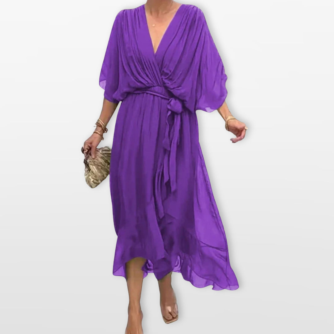 Robe Midi Col V Fluide Élégante Femme