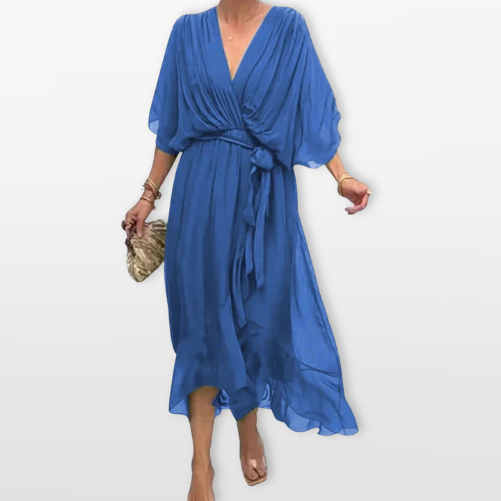 Robe Midi Col V Fluide Élégante Femme