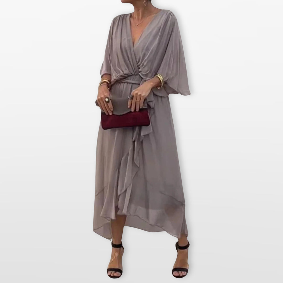 Robe Midi Col V Fluide Élégante Femme