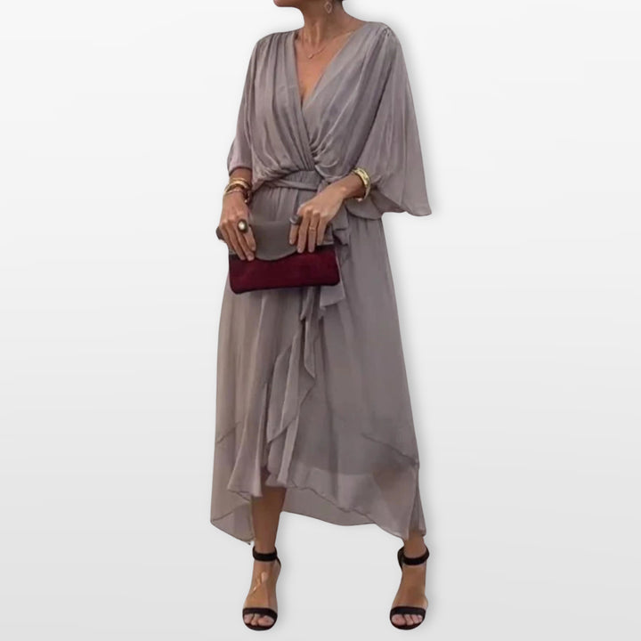 Robe Midi Col V Fluide Élégante Femme