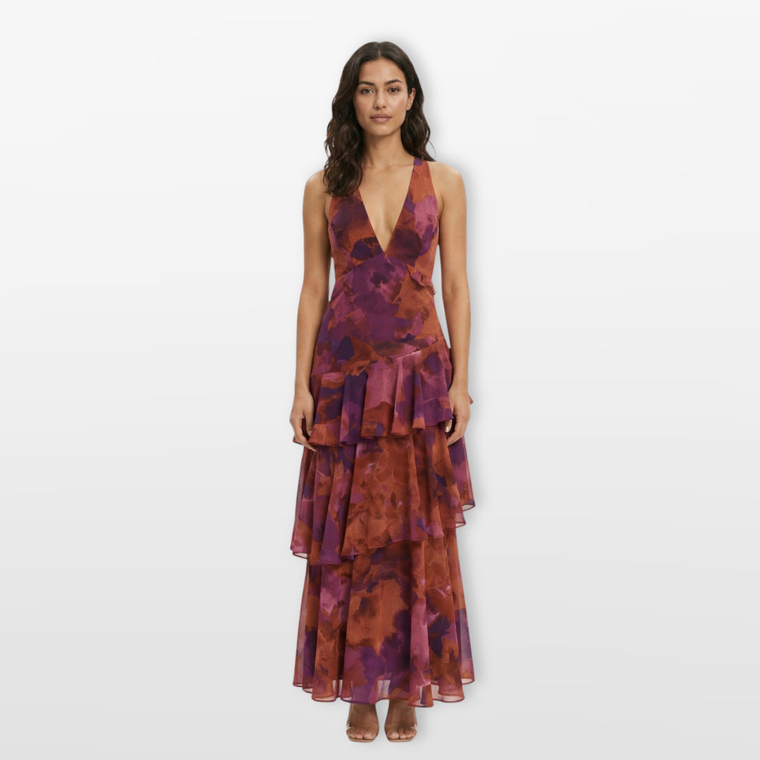 Robe Longue Fleurie Dos Nu Volants Femme