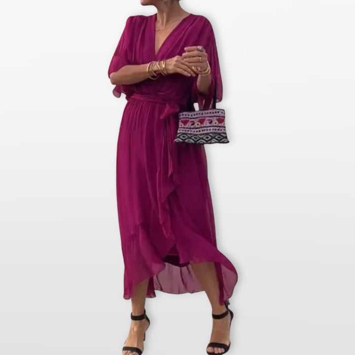 Robe Midi Col V Fluide Élégante Femme
