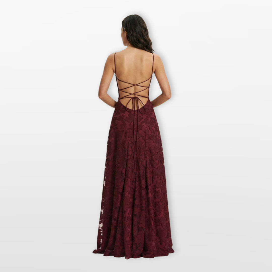 Robe Longue Dos Nu Dentelle Coupe Évasée Femme