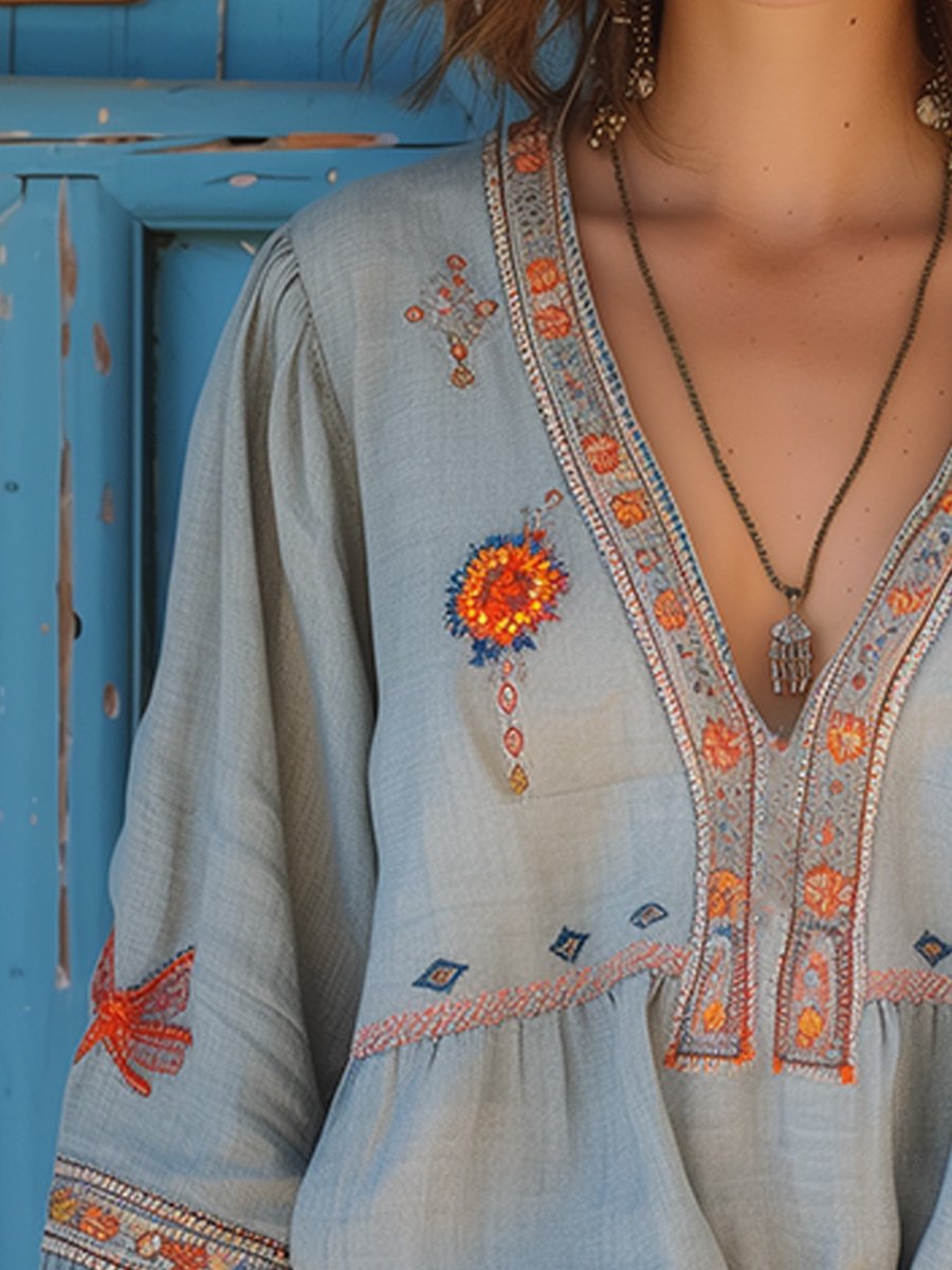 Blouse Bohème Brodée Femme