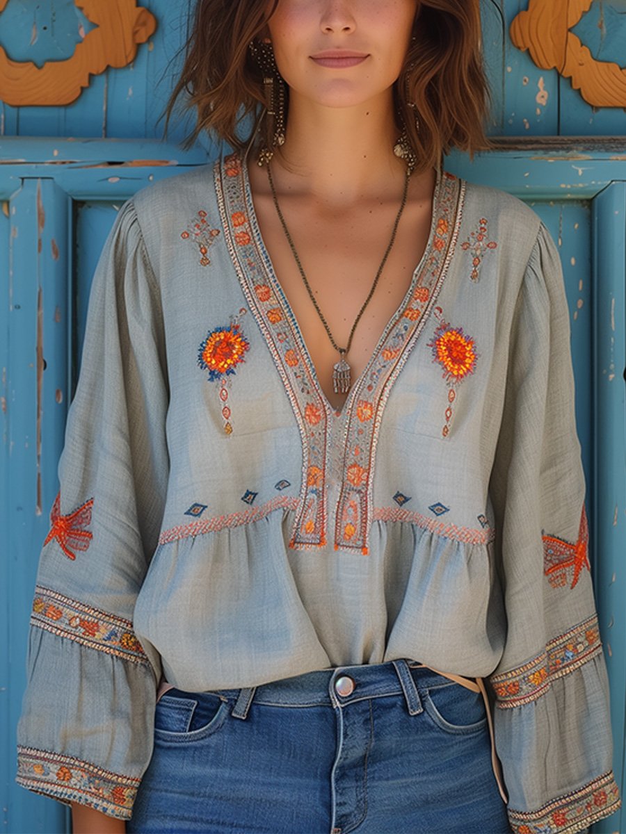 Blouse Bohème Brodée Femme