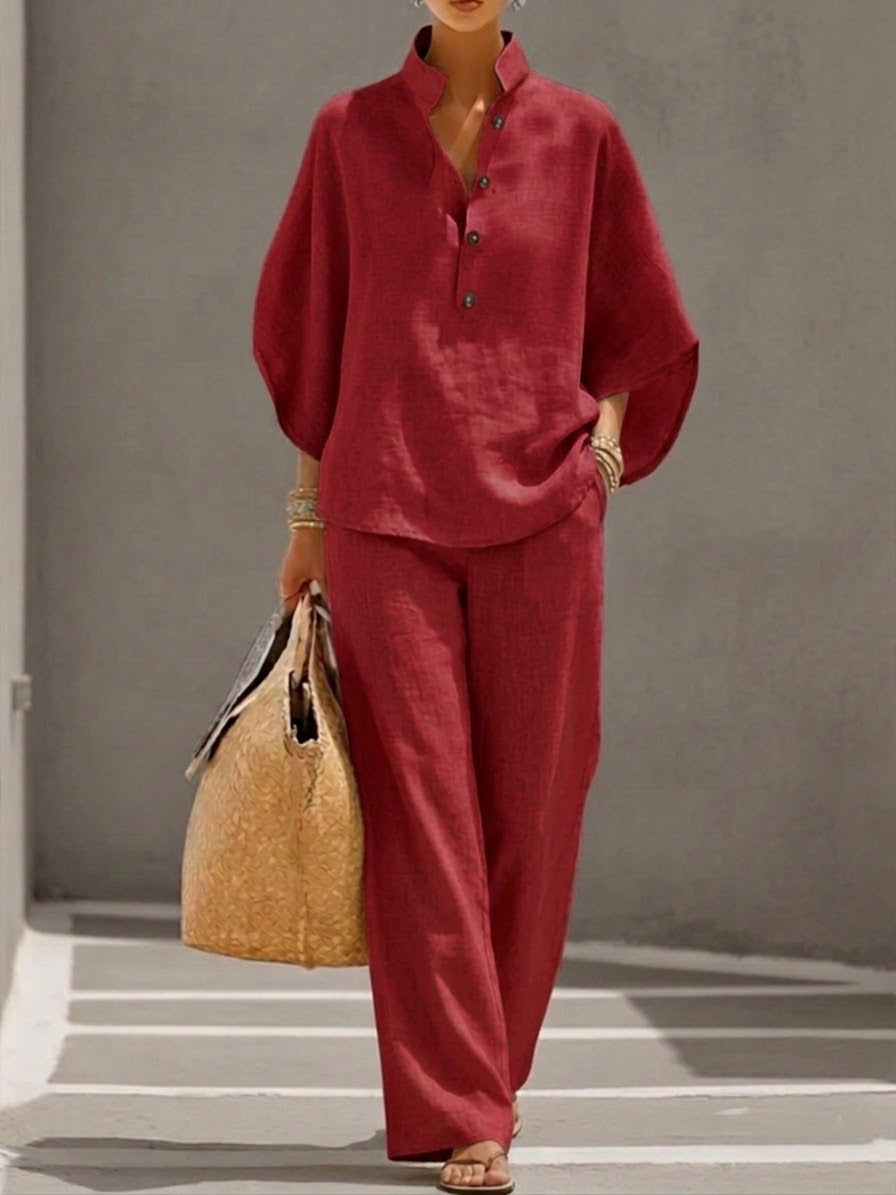 Ensemble Haut Boutonné et Pantalon Fluide Femme